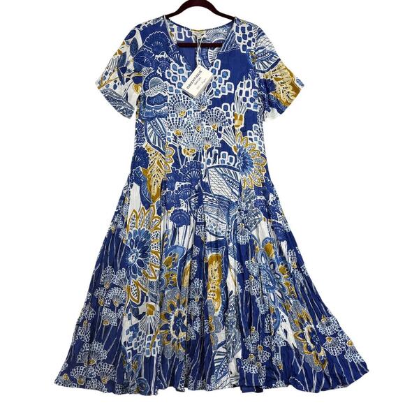 Orientique Naturally Midi Dress Seville Size S Blue Floral Crinkle Gauzy Flowy - Picture 16 of 16